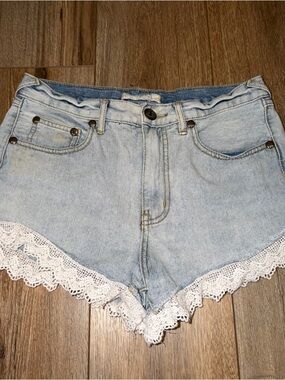 Free People Denim Shorts Lace Trim Distressed Light Wash Size 27 Cotton Jean